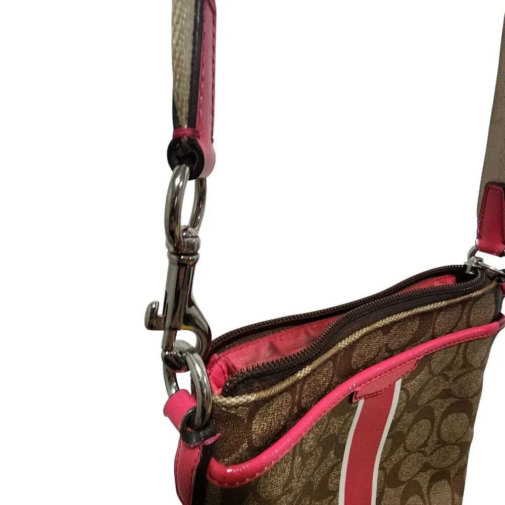 Coach Signature Stripe Crossbody Bag Brown Pink Canvas Leather Small
